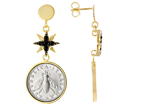 Black Spinel 18k Yellow Gold Over Sterling Silver And 2 Lira Bee Coin Earrings 0.44ctw