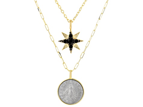 Black Spinel 18k Yellow Gold Over Sterling Silver And 2 Lira Bee Coin Necklace Set 0.22ctw