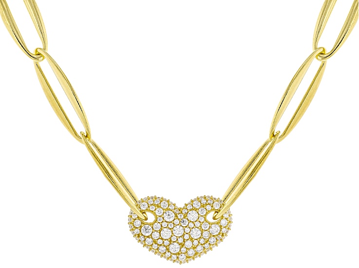 White Cubic Zirconia 18k Yellow Gold Over Sterling Silver Heart Necklace 1.67ctw