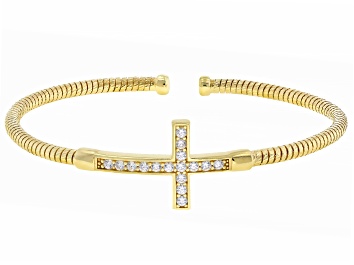 Picture of White Cubic Zirconia 18k Yellow Gold Over Sterling Silver Cross Bangle 1.02ctw
