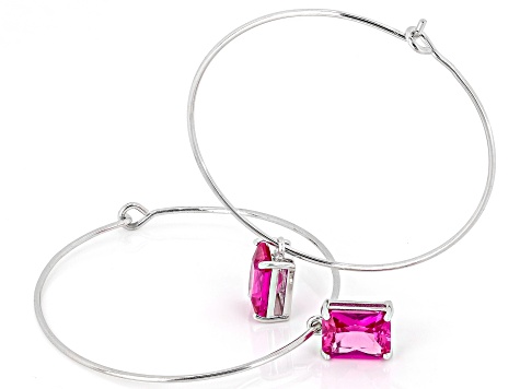 Pink Lab Created Sapphire Rhodium Over Sterling Silver Hoop Earrings 3.40ctw