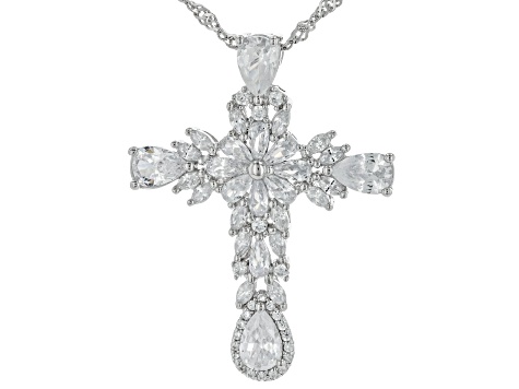 White Cubic Zirconia Rhodium Over Sterling Silver Cross Pendant With Chain 4.59ctw