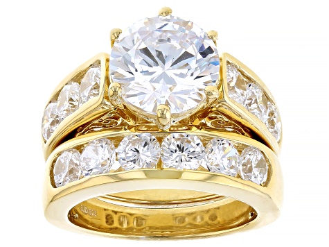 White Cubic Zirconia 18k Yellow Gold Over Sterling Silver Ring Set 10.20ctw