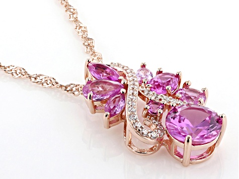 Pink Lab Sapphire And White Cubic Zirconia 18k Rose Gold Over Silver Pendant With Chain 4.07ctw