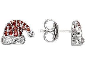 Red And White Cubic Zirconia Rhodium Over Sterling Silver Santa Hat Earrings 1.02ctw