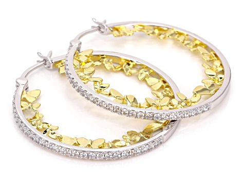 White Cubic Zirconia Rhodium And 18k Yellow Gold Over Sterling Silver Butterfly Hoops 1.41ctw