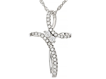Picture of White Cubic Zirconia Rhodium Over Sterling Silver Cross Pendant With Chain 0.66ctw