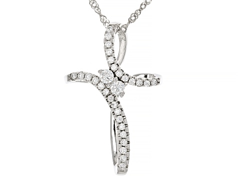 White Cubic Zirconia Rhodium Over Sterling Silver Cross Pendant With Chain 0.66ctw