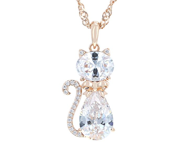 White Cubic Zirconia 18k Rose Gold Over Brass Cat Pendant 7.55ctw