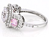 White and Pink Cubic Zirconia Rhodium Over Sterling Silver Ring 6.54ctw