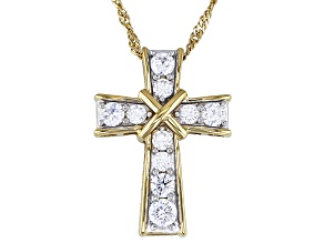 White Cubic Zirconia 18k Yellow Gold Over Sterling Silver Cross Pendant with Chain 1.25ctw