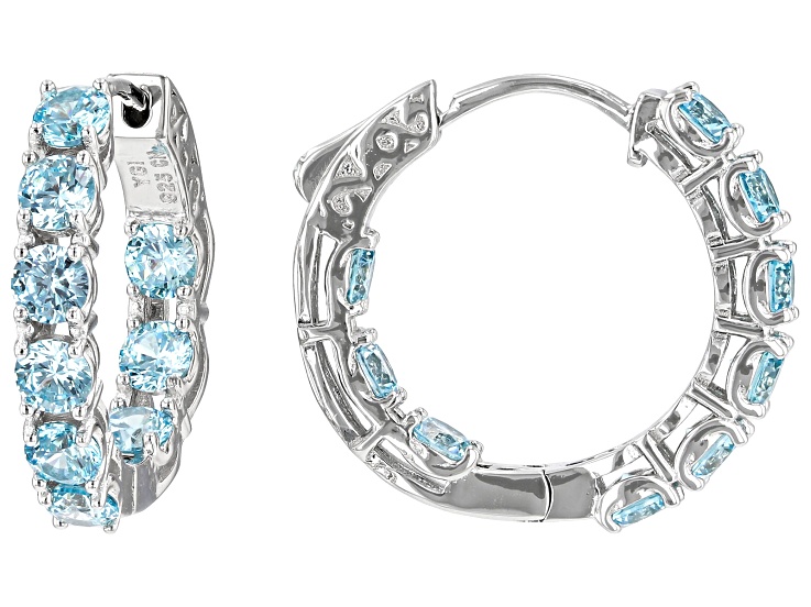 Blue Cubic Zirconia Rhodium Over Sterling Silver Hoops 5.22