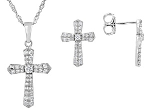White Cubic Zirconia Platinum Over Sterling Silver Cross Jewelry Set 1.65ctw