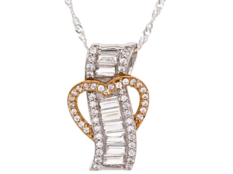 White Cubic Zirconia Platinum And 18K Rose Gold Over Silver Heart Pendant With Chain 1.85ctw