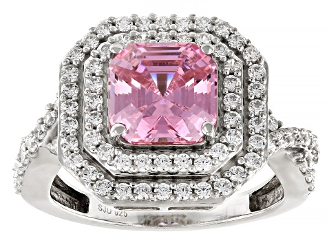 Pink And White Cubic Zirconia Rhodium Over Sterling Silver Asscher Cut Ring 4.80ctw