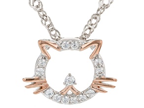White Cubic Zirconia Rhodium And 18k Rose Gold Over Sterling Silver Cat Pendant With Chain 0.20ctw