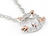 White Cubic Zirconia Rhodium And 18k Rose Gold Over Sterling Silver Cat Pendant With Chain 0.20ctw