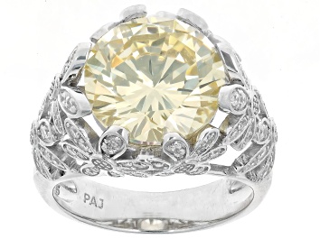 Picture of Canary And White Cubic Zirconia Rhodium Over Sterling Silver Flower Ring 10.03ctw