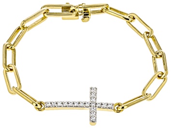 Picture of White Cubic Zirconia 18k Yellow Gold Over Sterling Silver Paperclip Chain Cross Bracelet 1.00ctw