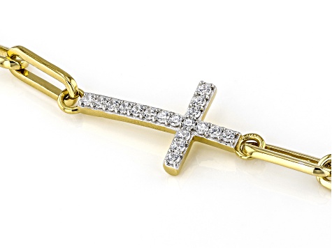 White Cubic Zirconia 18k Yellow Gold Over Sterling Silver Paperclip Chain Cross Bracelet 1.00ctw