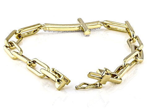 White Cubic Zirconia 18k Yellow Gold Over Sterling Silver Paperclip Chain Cross Bracelet 1.00ctw