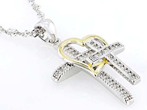White Cubic Zirconia Rhodium And 18k Yellow Gold Over Sterling Silver Cross Pendant 0.34ctw