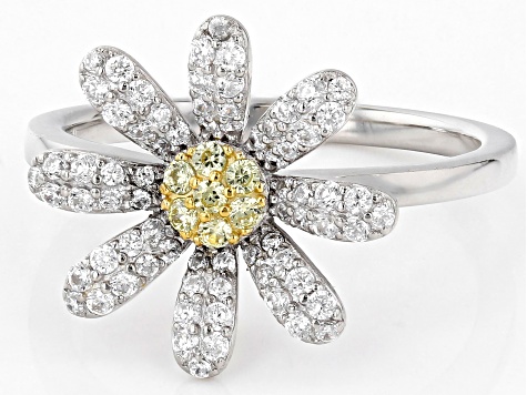 Yellow And White Cubic Zirconia Rhodium And 18k Yellow Gold Over Silver Daisy Ring 0.92ctw