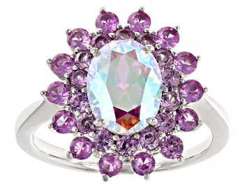 Picture of Aurora Borealis Cubic Zirconia And Lab Created Pink Sapphire Rhodium Over Silver Ring 4.93ctw