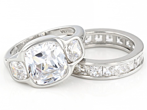 White Cubic Zirconia Platinum Over Sterling Silver Ring Set