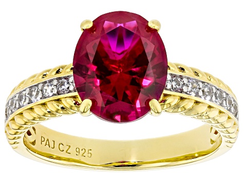 Lab Created Ruby And White Cubic Zirconia 18k Yellow Gold Over Sterling Silver Ring 2.95ctw