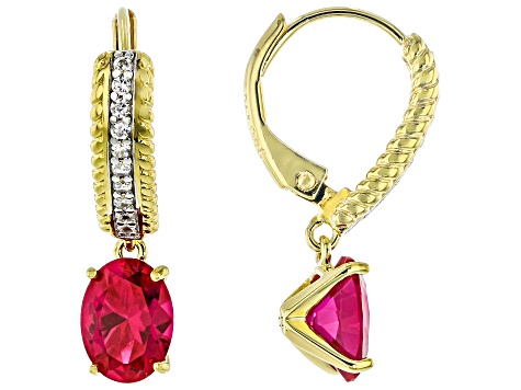 Lab Created Ruby And White Cubic Zirconia 18k Yellow Gold Over Sterling Silver Earrings 2.76ctw