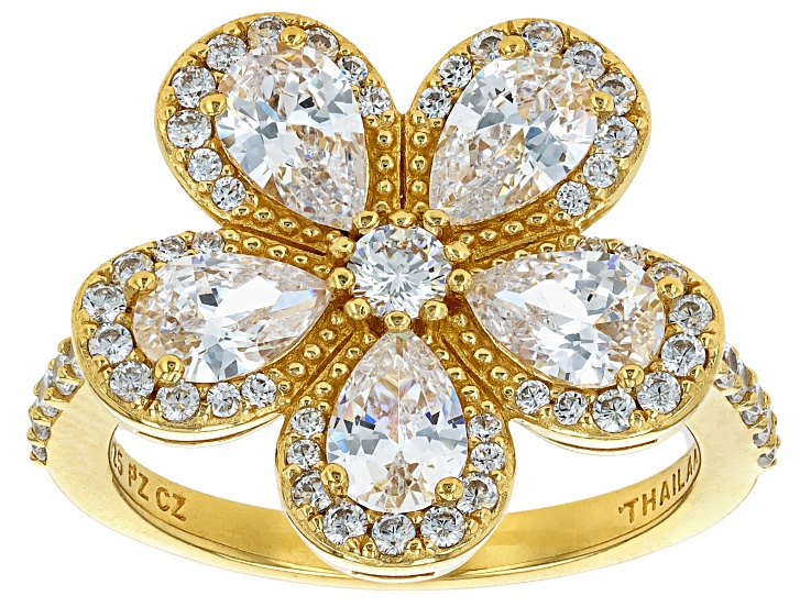 White Cubic Zirconia 18k Yellow Gold Over Sterling Silver Flower Ring 4.96ctw