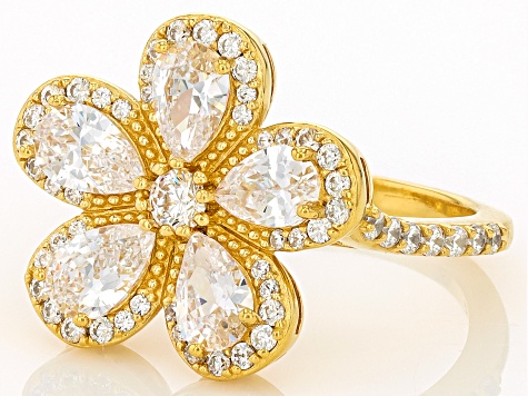 White Cubic Zirconia 18k Yellow Gold Over Sterling Silver Flower Ring 4.96ctw