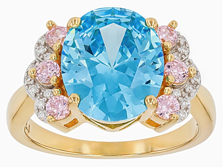 Blue, Pink, And White Cubic Zirconia 18k Yellow Gold Over Sterling