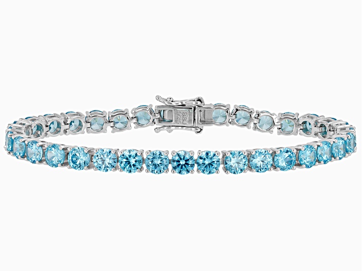 Blue Cubic Zirconia Rhodium Over Sterling Silver Tennis Bracelet 27.20ctw