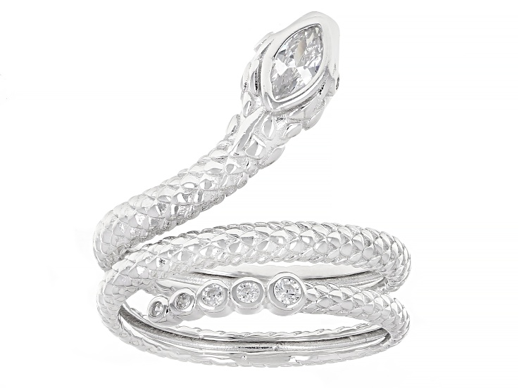 White Cubic Zirconia Rhodium Over Sterling Silver Snake Ring 0.47ctw