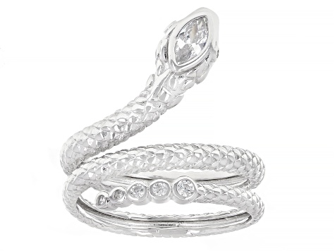 White Cubic Zirconia Rhodium Over Sterling Silver Snake Ring 0.47ctw