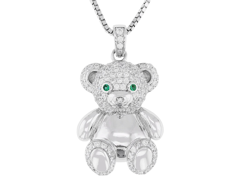 Green And White Cubic Zirconia Rhodium Over Sterling Silver Teddy Bear Pendant 1.58ctw