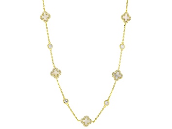 Picture of White Cubic Zirconia And White Mother-Of-Pearl 14k Yellow Gold Over Silver Clover Necklace 2.56ctw