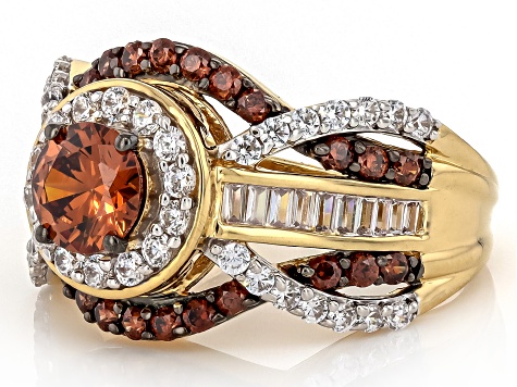 Mocha And White Cubic Zirconia 18k Yellow Gold Over Sterling Silver Ring 3.15ctw