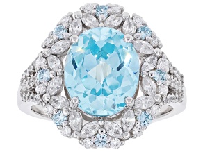 Blue And White Cubic Zirconia Rhodium Over Sterling Silver Ring 6.83ctw