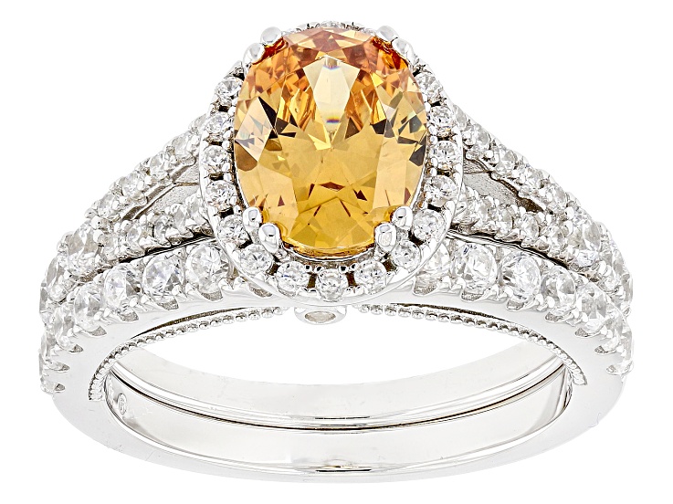 Champagne And White Cubic Zirconia Rhodium Over Sterling Silver Ring Set 4.67ctw