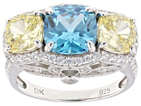 Blue, Canary, And White Cubic Zirconia Rhodium Over Sterling Silver Ring 6.02ctw