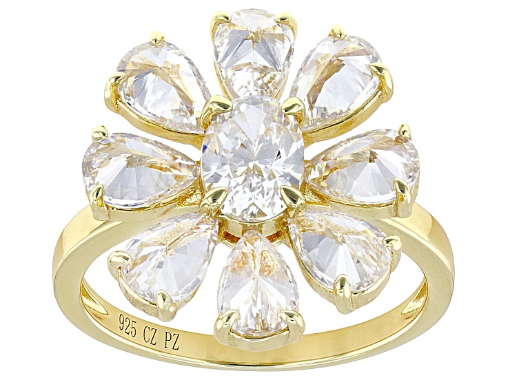 White Cubic Zirconia 18k Yellow Gold Over Sterling Silver Flower Ring 6.12ctw