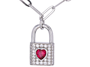 Lab Created Ruby And White Cubic Zirconia Rhodium Over Sterling Silver Lock Necklace 1.05ctw