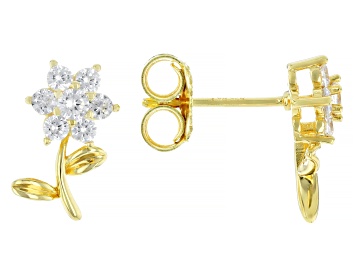 Picture of White Cubic Zirconia 18k Yellow Gold Over Sterling Silver Flower Earrings