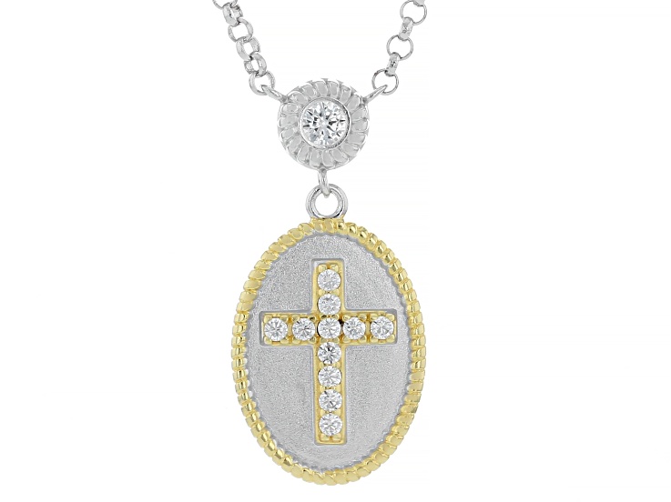 White Cubic Zirconia Rhodium Over Sterling Silver and 18k Gold Over Silver Cross Necklace 0.27ctw