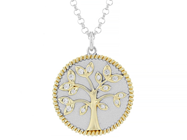 White Cubic Zirconia 18k Yellow Gold And Rhodium Over Silver Tree Of Life Pendant 0.17ctw
