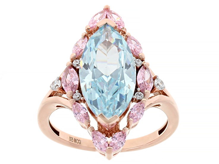 Blue, Pink, And White Cubic Zirconia 18k Rose Gold Over Sterling Silver Ring 6.67ctw