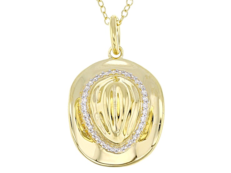 White Cubic Zirconia 18k Yellow Gold Over Sterling Silver Cowboy Hat Pendant with Chain 0.25ctw